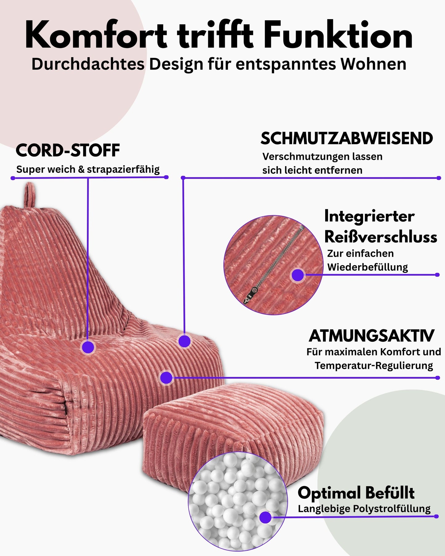 PatchHome Deluxe Cord Sitzsack Lounge Sessel mit Hocker