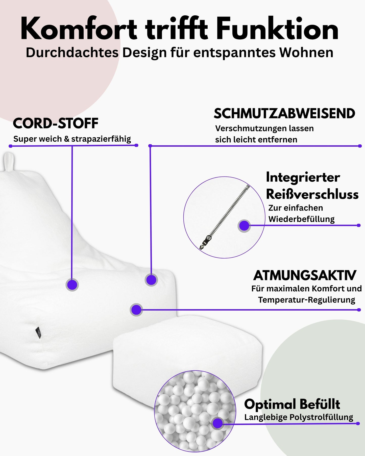 PatchHome Comfortline-Teddy-Sitzsack-Lounge Sessel mit Hocker