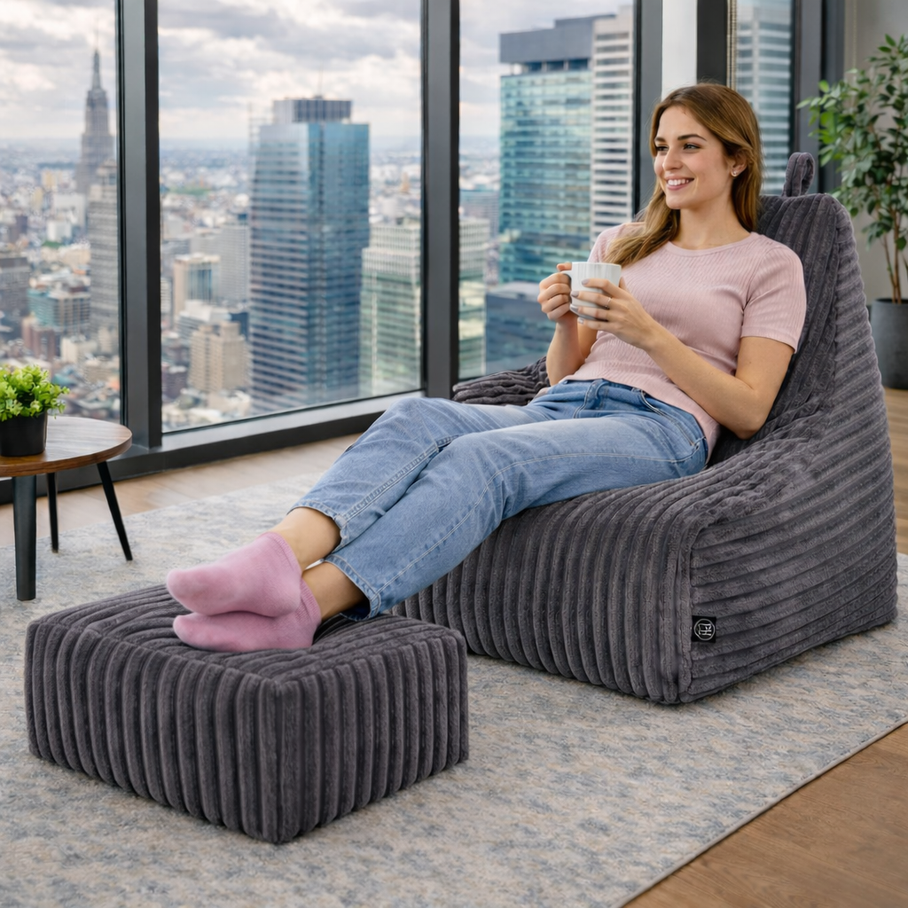 PatchHome Deluxe Cord Sitzsack Lounge Sessel mit Hocker