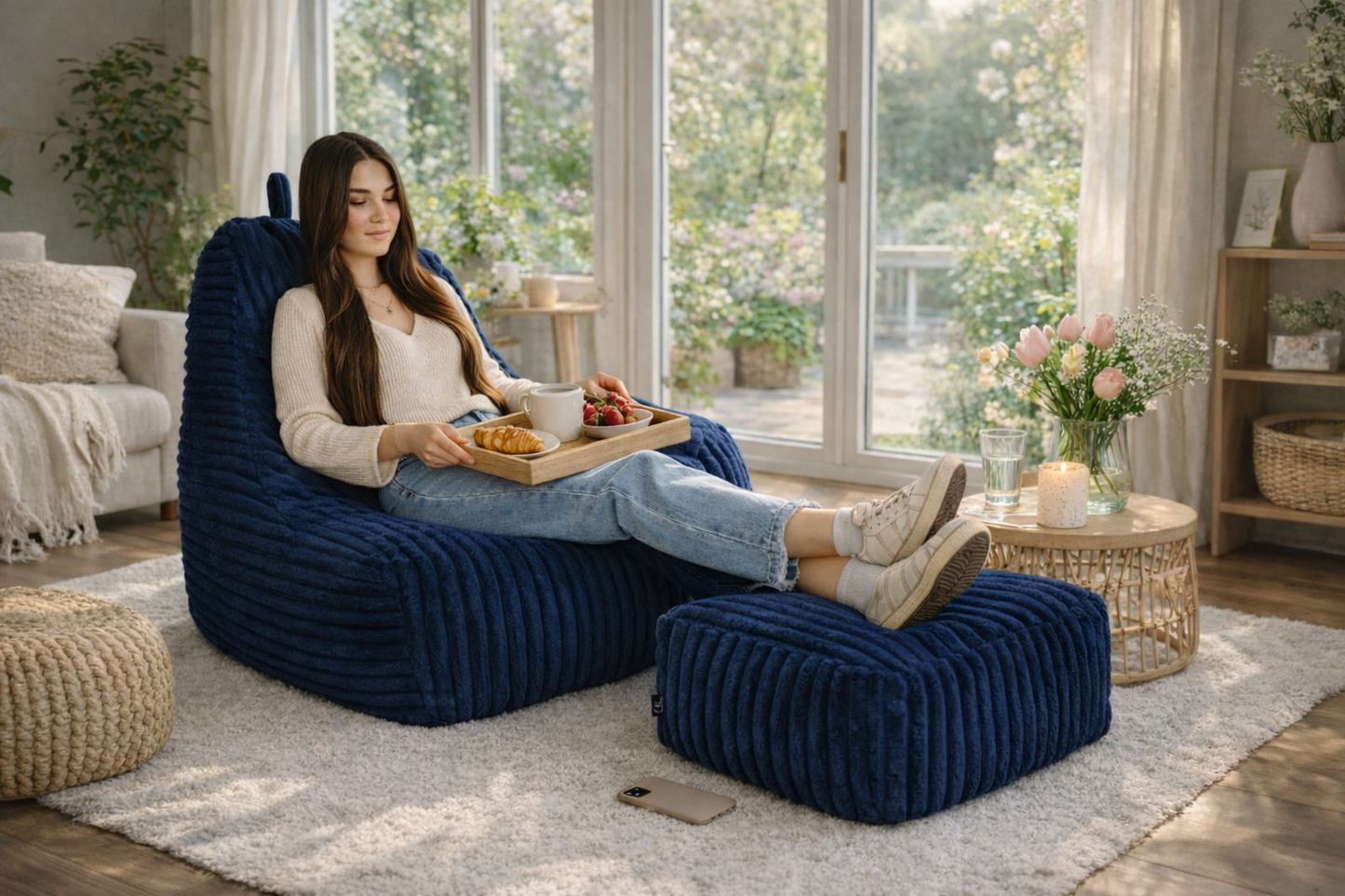 PatchHome Deluxe Cord Sitzsack Lounge Sessel mit Hocker