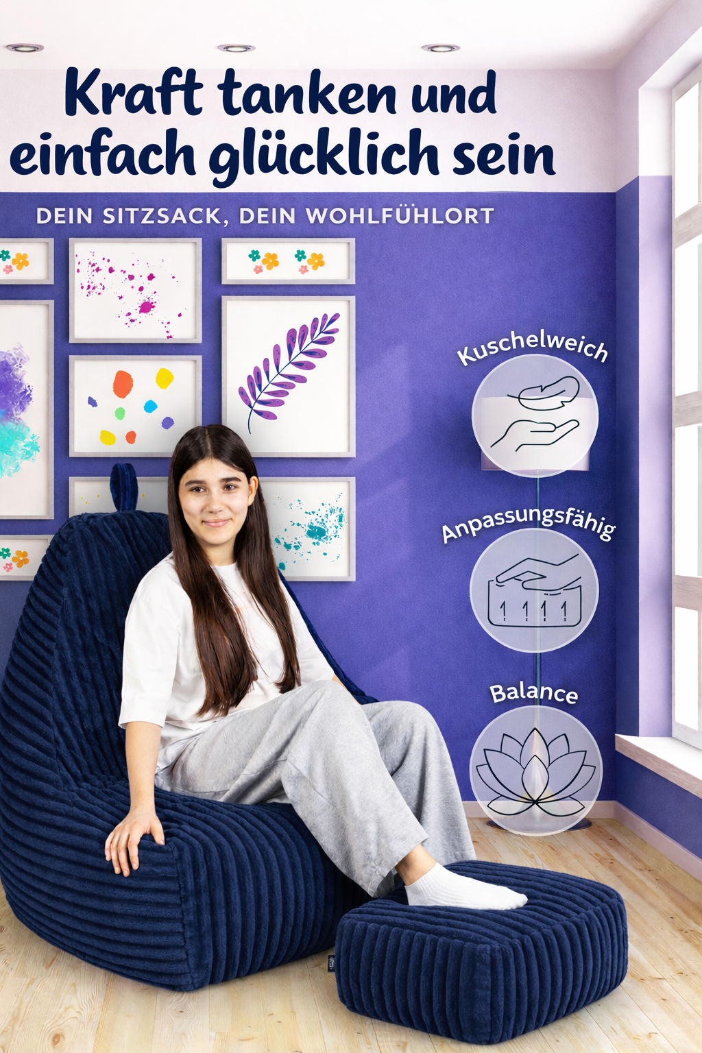 PatchHome Deluxe Cord Sitzsack Lounge Sessel mit Hocker