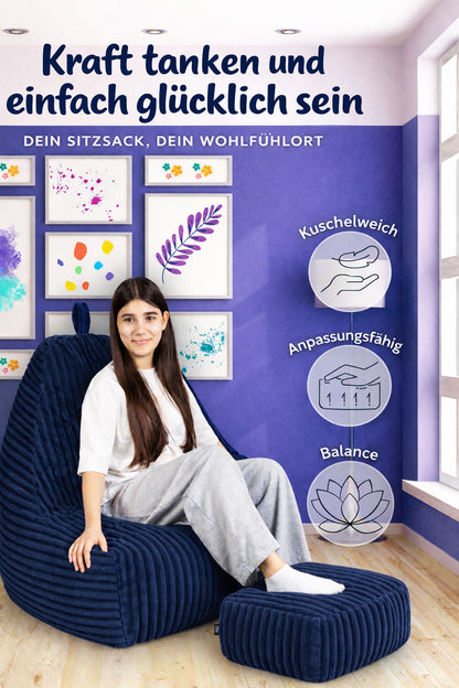 PatchHome Deluxe Cord Sitzsack Lounge Sessel mit Hocker