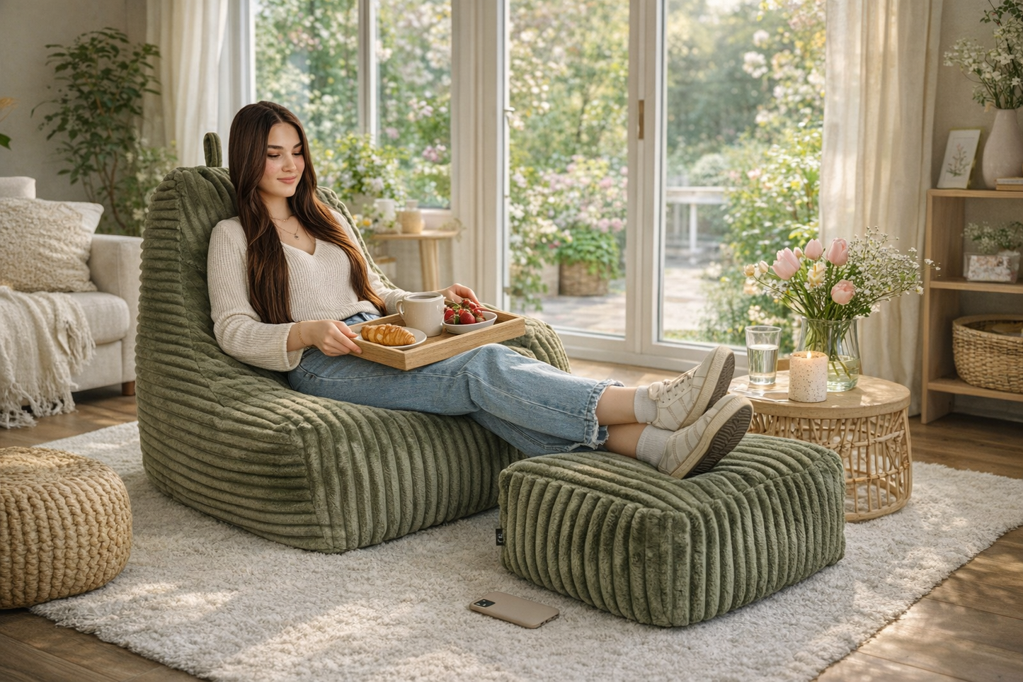 PatchHome Deluxe Cord Sitzsack Lounge Sessel mit Hocker