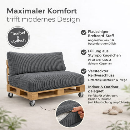 Paletti Cord™ Palettenpolster Set – Sitz- & Rückenkissen für Europaletten