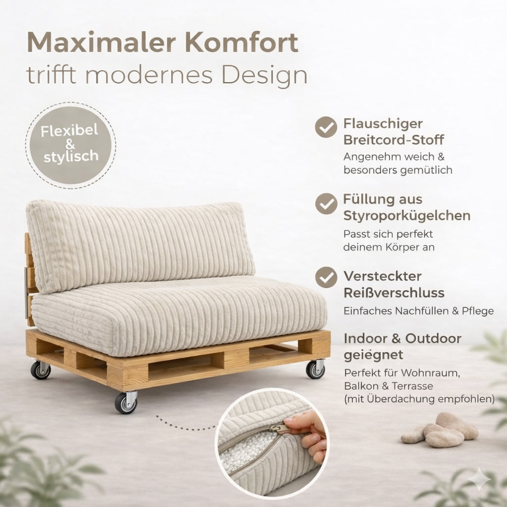 Paletti Cord™ Palettenpolster Set – Sitz- & Rückenkissen für Europaletten