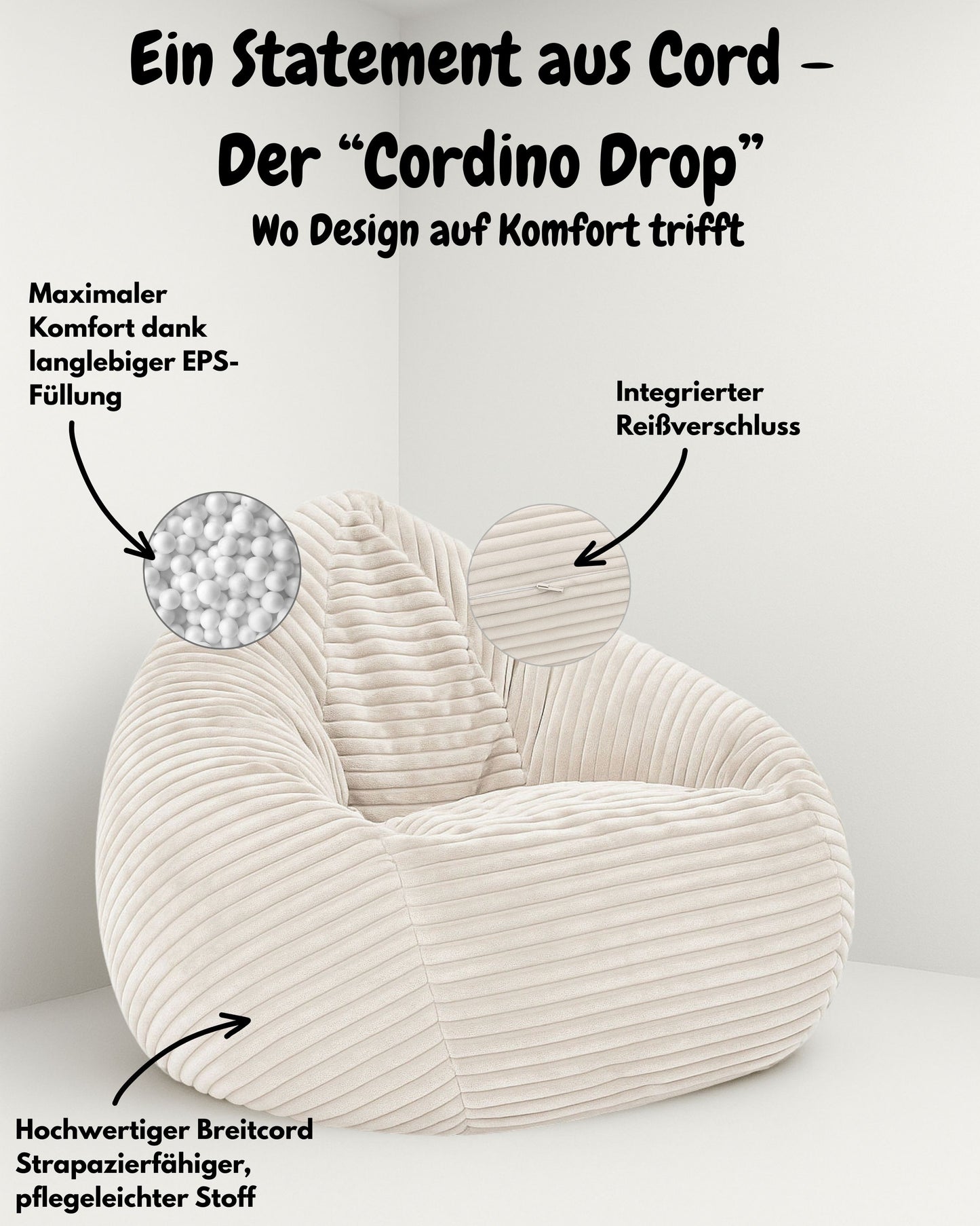 PatchHome Cordino Sitzsack aus Breitcord – Komfort pur