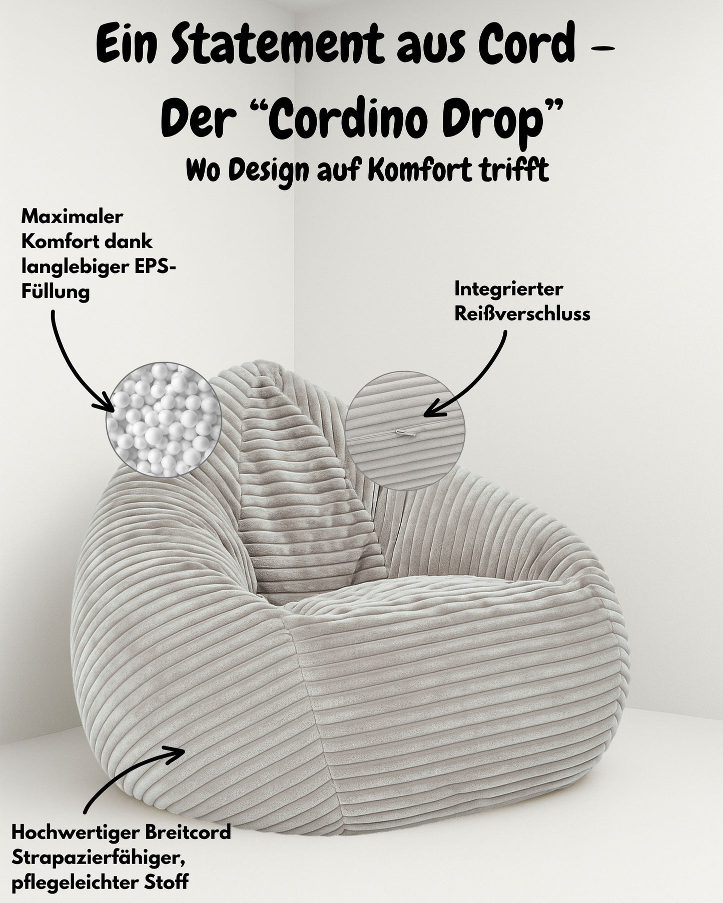 Cordino Drop Sitzsack aus Breitcord – Stylischer Komfort für jedes Zuhause