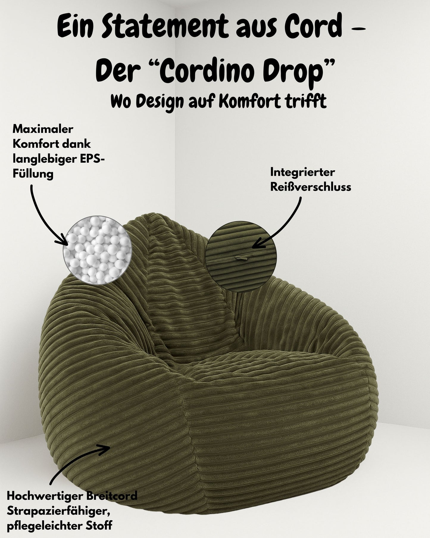 Cordino Drop Sitzsack aus Breitcord – Stylischer Komfort für jedes Zuhause