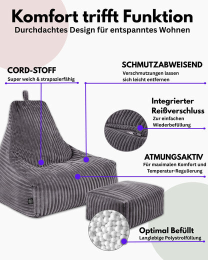 PatchHome Deluxe Cord Sitzsack Lounge Sessel mit Hocker