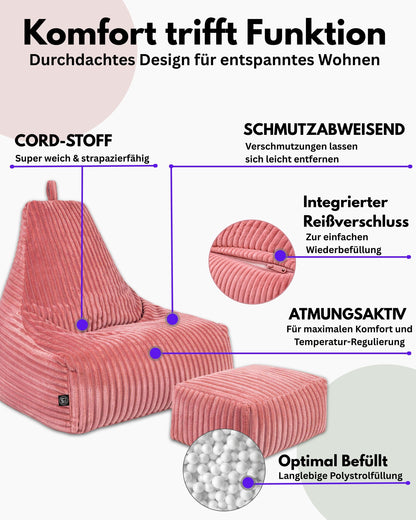 PatchHome Deluxe Cord Sitzsack Lounge Sessel mit Hocker