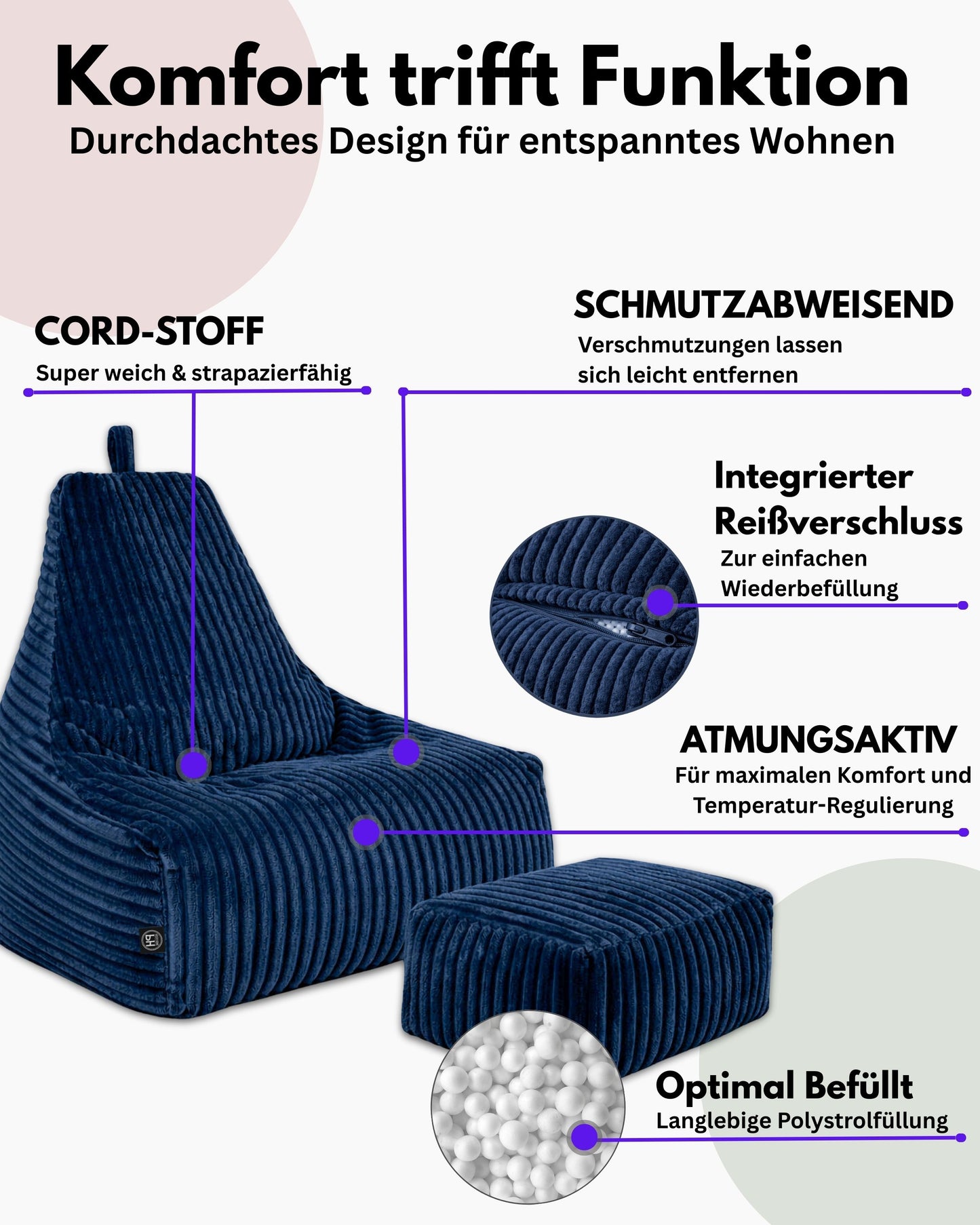 PatchHome Deluxe Cord Sitzsack Lounge Sessel mit Hocker