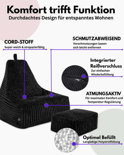PatchHome Deluxe Cord Sitzsack Lounge Sessel mit Hocker
