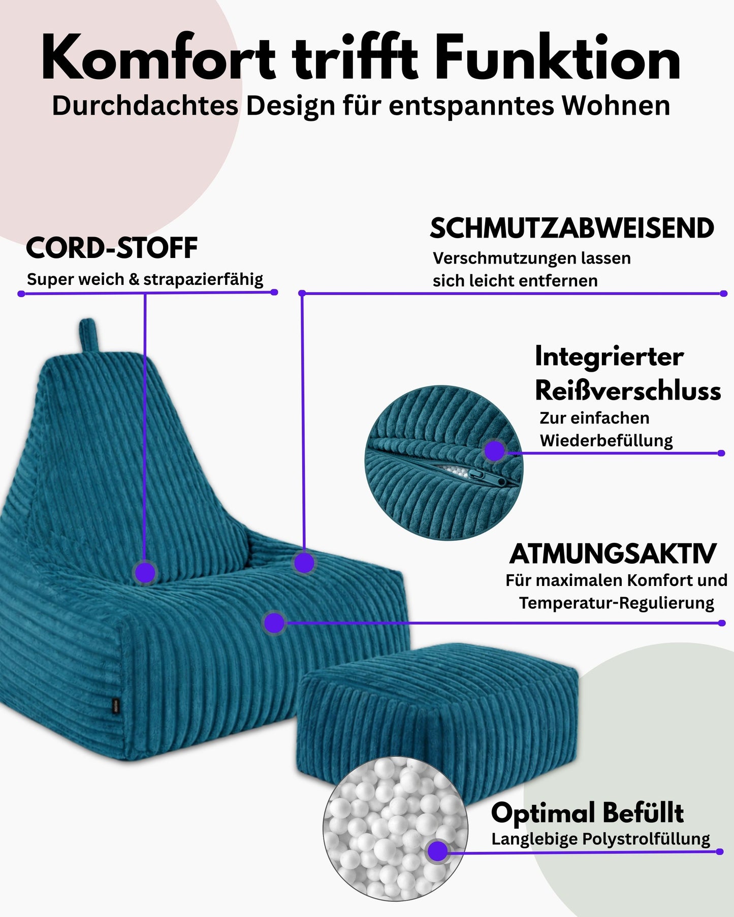 PatchHome Deluxe Cord Sitzsack Lounge Sessel mit Hocker