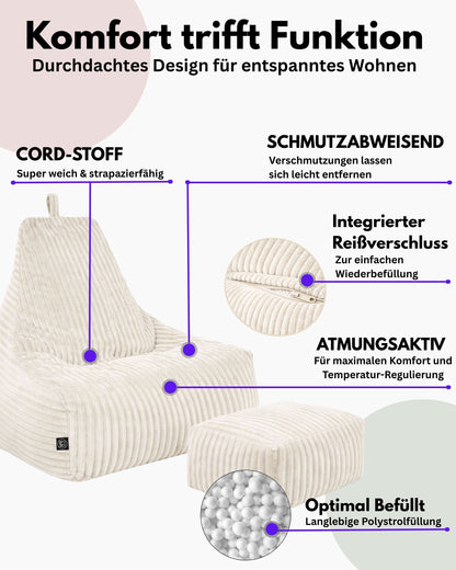PatchHome Deluxe Cord Sitzsack Lounge Sessel mit Hocker
