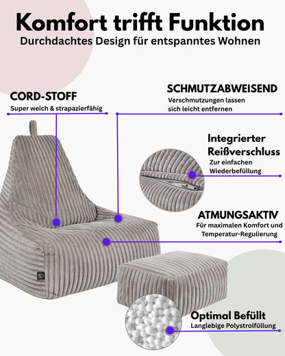 PatchHome Deluxe Cord Sitzsack Lounge Sessel mit Hocker