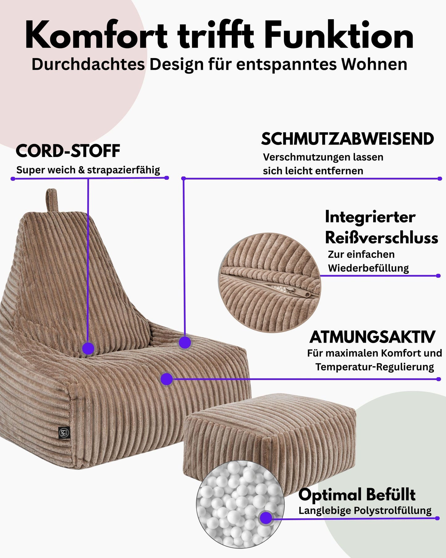 PatchHome Deluxe Cord Sitzsack Lounge Sessel mit Hocker