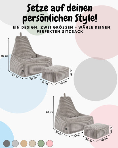 PatchHome Deluxe Cord Sitzsack Lounge Sessel mit Hocker