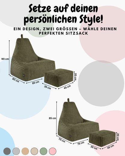 PatchHome Deluxe Cord Sitzsack Lounge Sessel mit Hocker