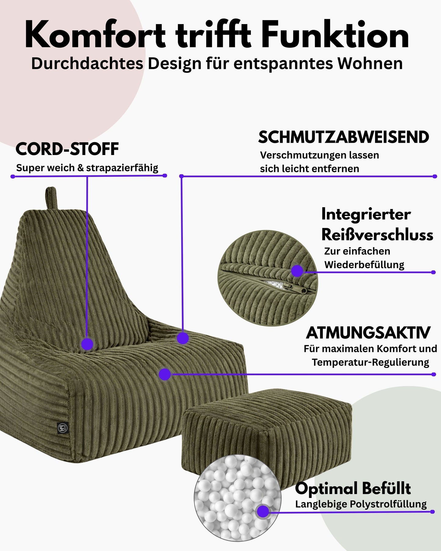 PatchHome Deluxe Cord Sitzsack Lounge Sessel mit Hocker