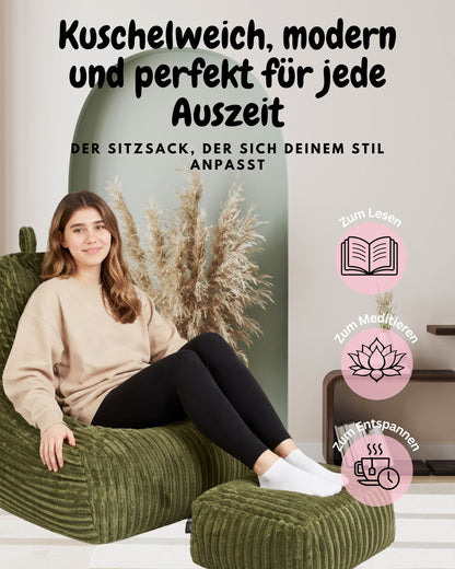 PatchHome Deluxe Cord Sitzsack Lounge Sessel mit Hocker