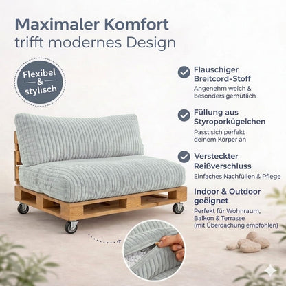 Paletti Cord™ Palettenpolster Set – Sitz- & Rückenkissen für Europaletten
