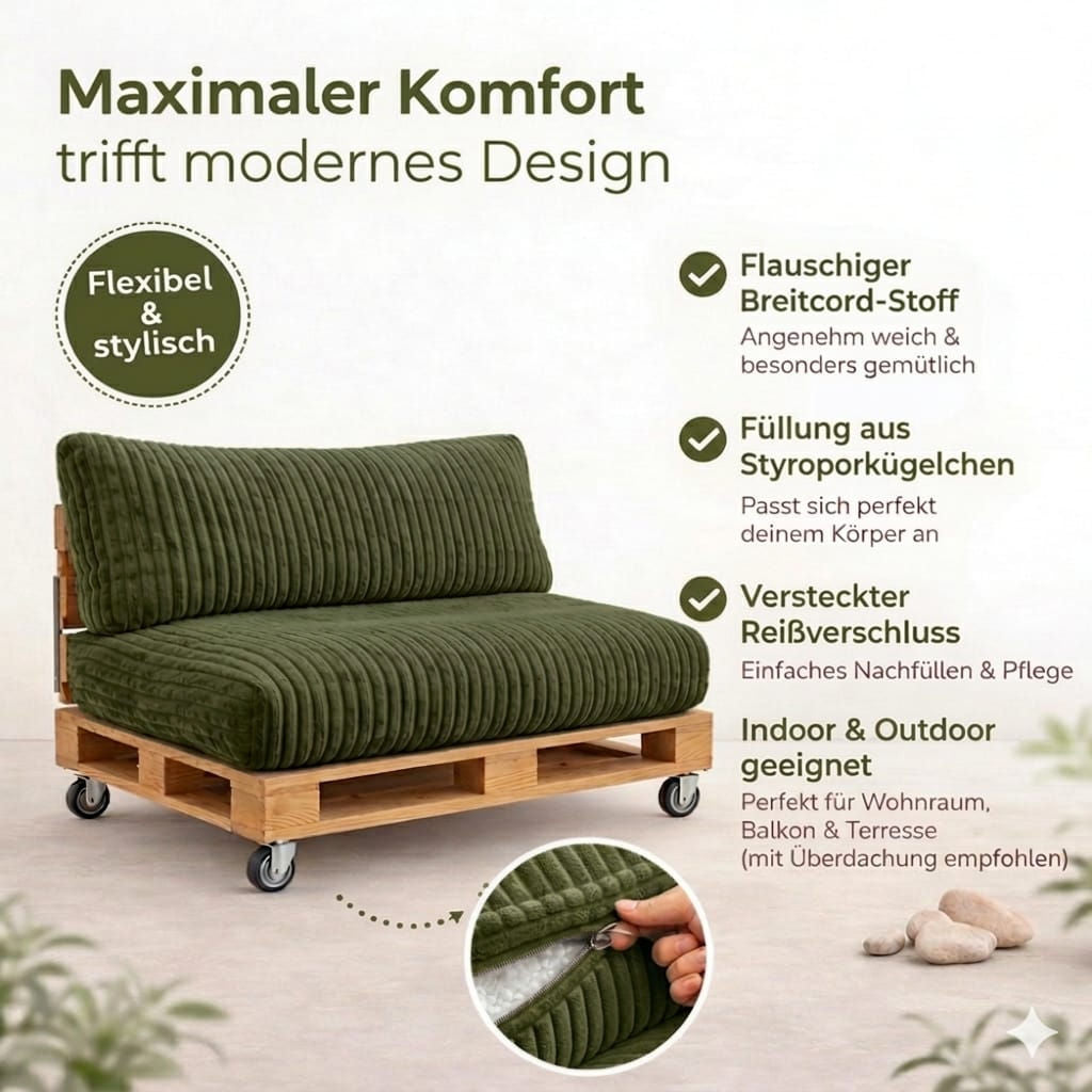 Paletti Cord™ Palettenpolster Set – Sitz- & Rückenkissen für Europaletten