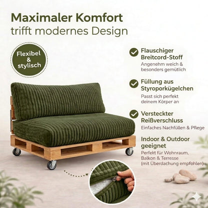 Paletti Cord™ Palettenpolster Set – Sitz- & Rückenkissen für Europaletten