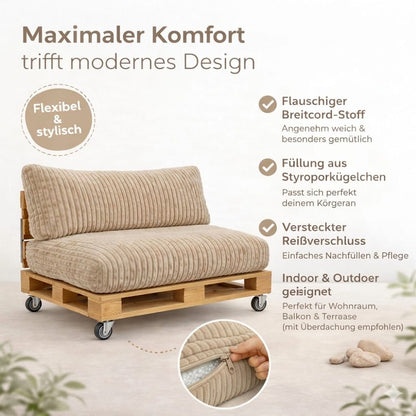Paletti Cord™ Palettenpolster Set – Sitz- & Rückenkissen für Europaletten