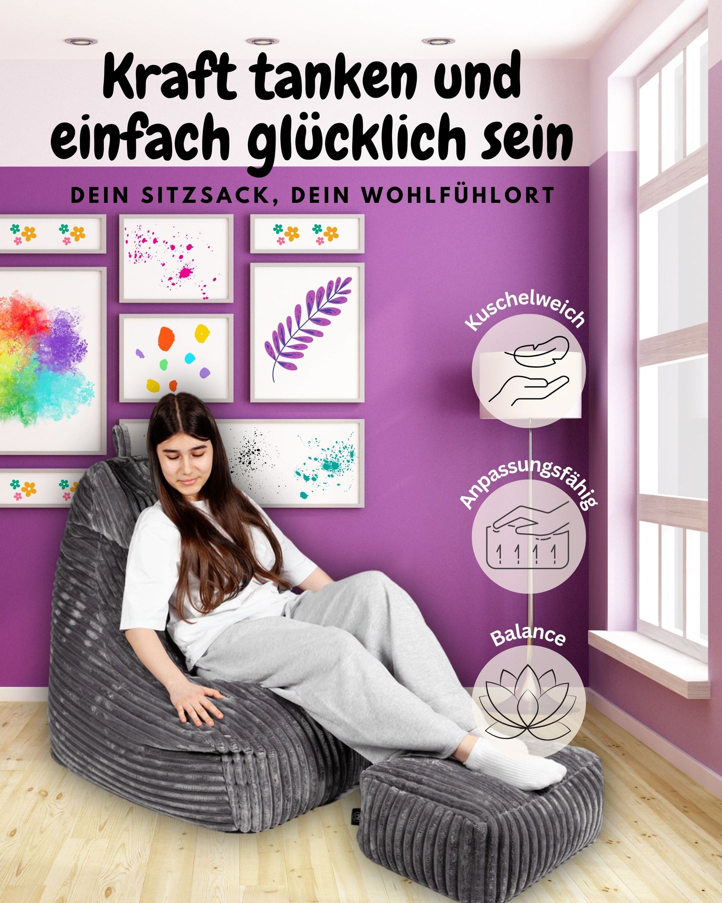 PatchHome Deluxe Cord Sitzsack Lounge Sessel mit Hocker