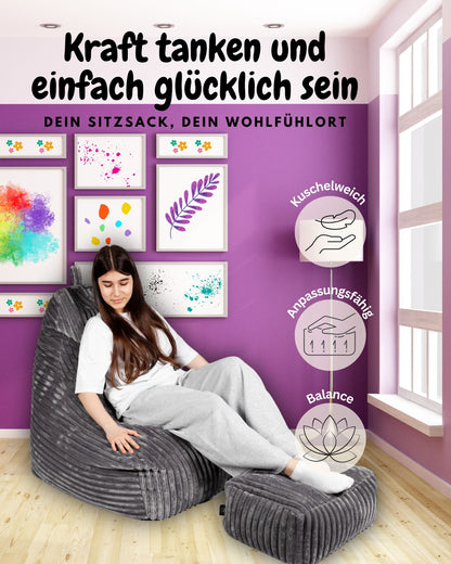 PatchHome Deluxe Cord Sitzsack Lounge Sessel mit Hocker