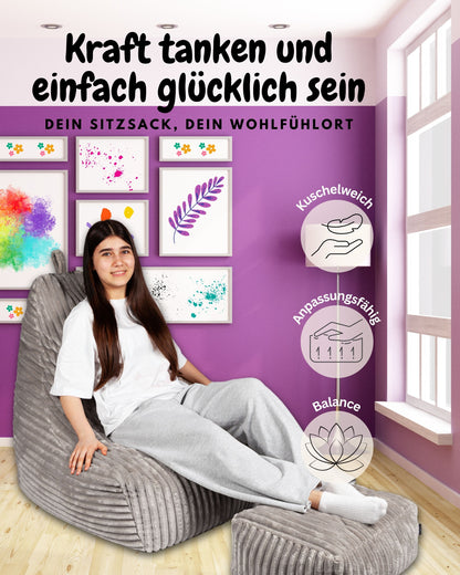 PatchHome Deluxe Cord Sitzsack Lounge Sessel mit Hocker