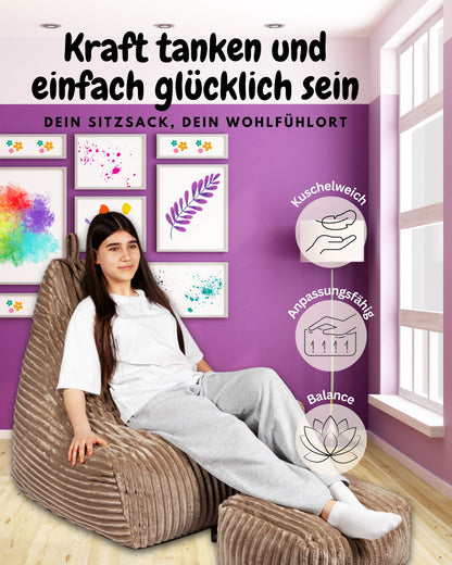 PatchHome Deluxe Cord Sitzsack Lounge Sessel mit Hocker