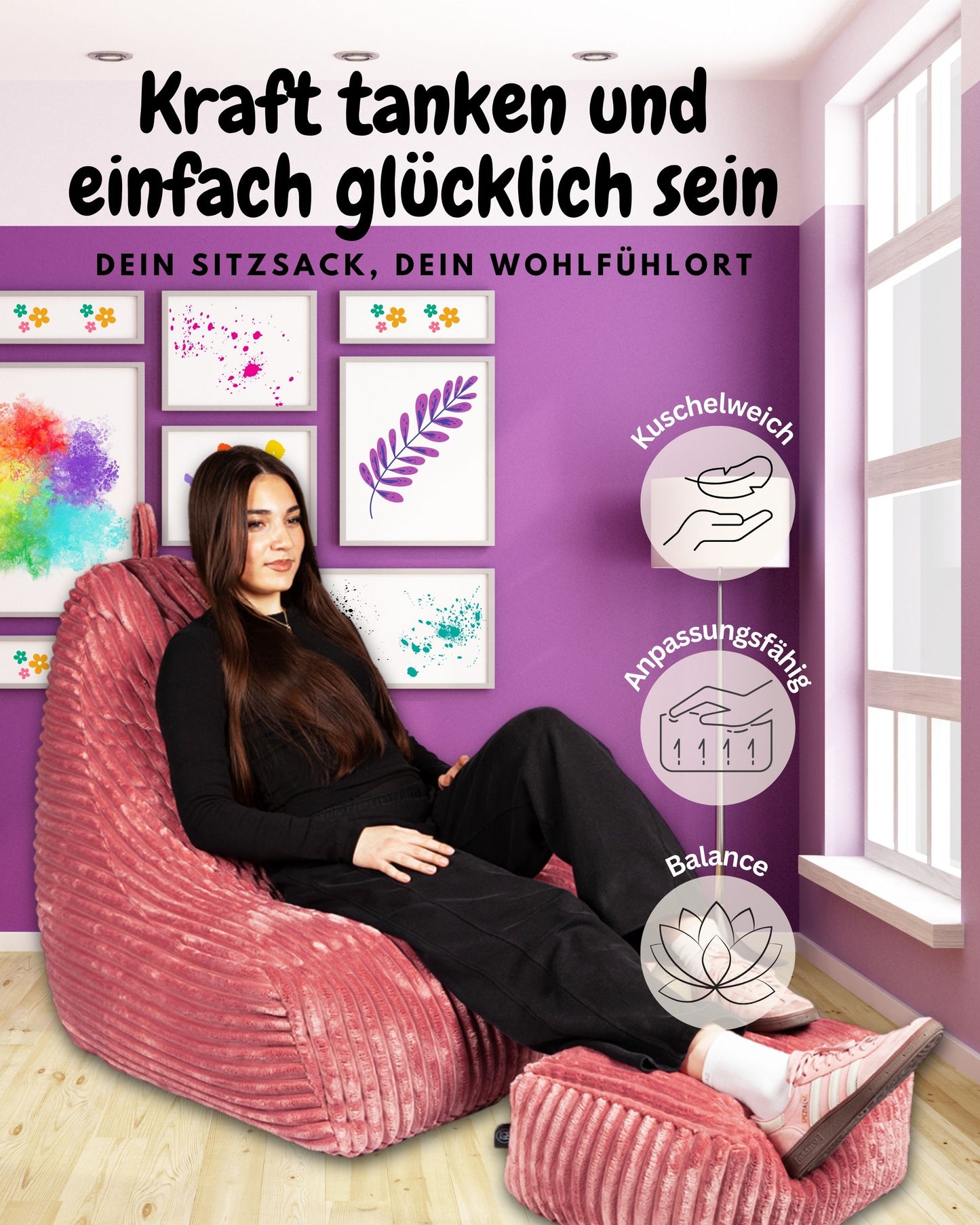 PatchHome Deluxe Cord Sitzsack Lounge Sessel mit Hocker