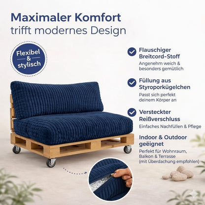 Paletti Cord™ Palettenpolster Set – Sitz- & Rückenkissen für Europaletten