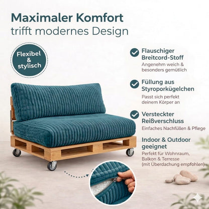 Paletti Cord™ Palettenpolster Set – Sitz- & Rückenkissen für Europaletten