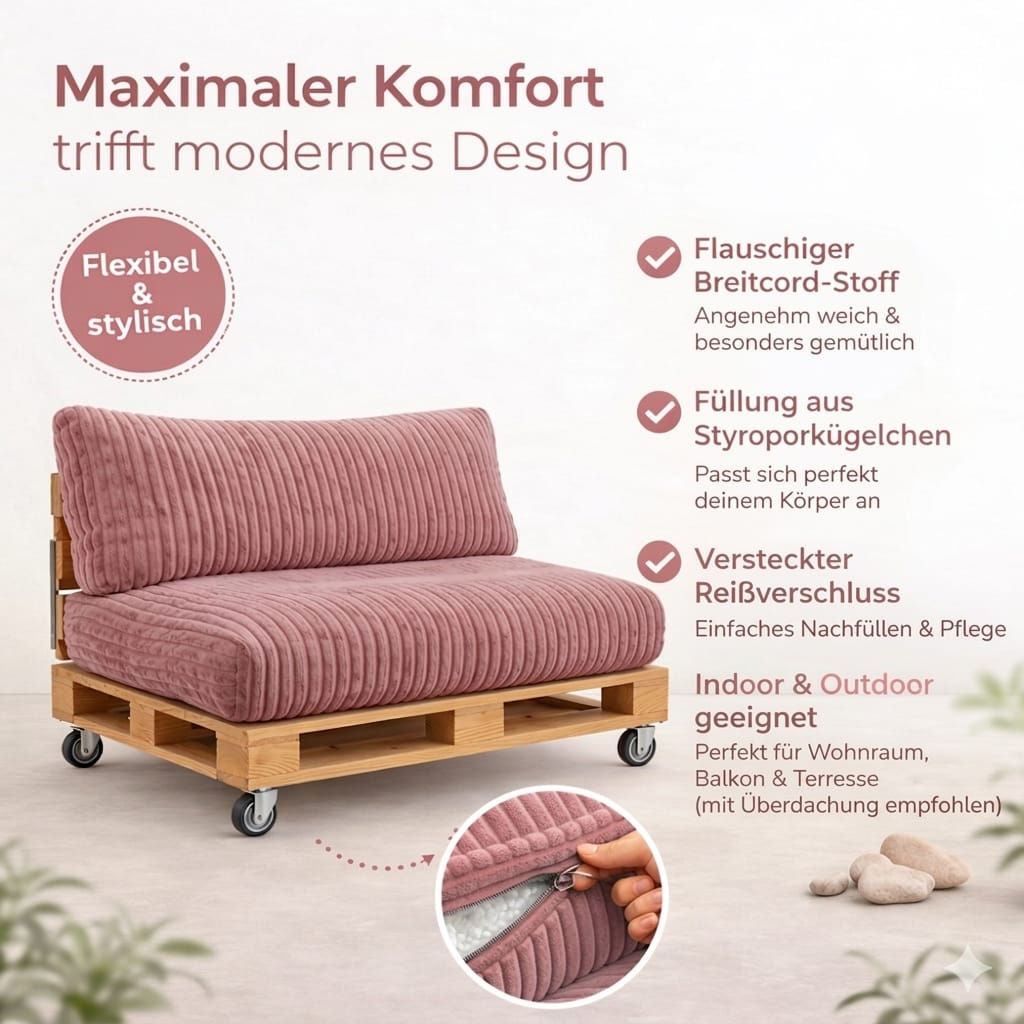 Paletti Cord™ Palettenpolster Set – Sitz- & Rückenkissen für Europaletten