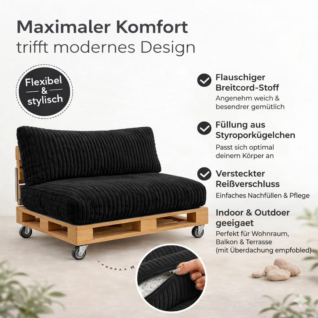 Paletti Cord™ Palettenpolster Set – Sitz- & Rückenkissen für Europaletten