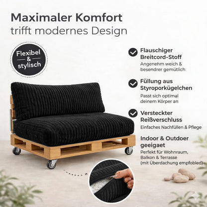 Paletti Cord™ Palettenpolster Set – Sitz- & Rückenkissen für Europaletten