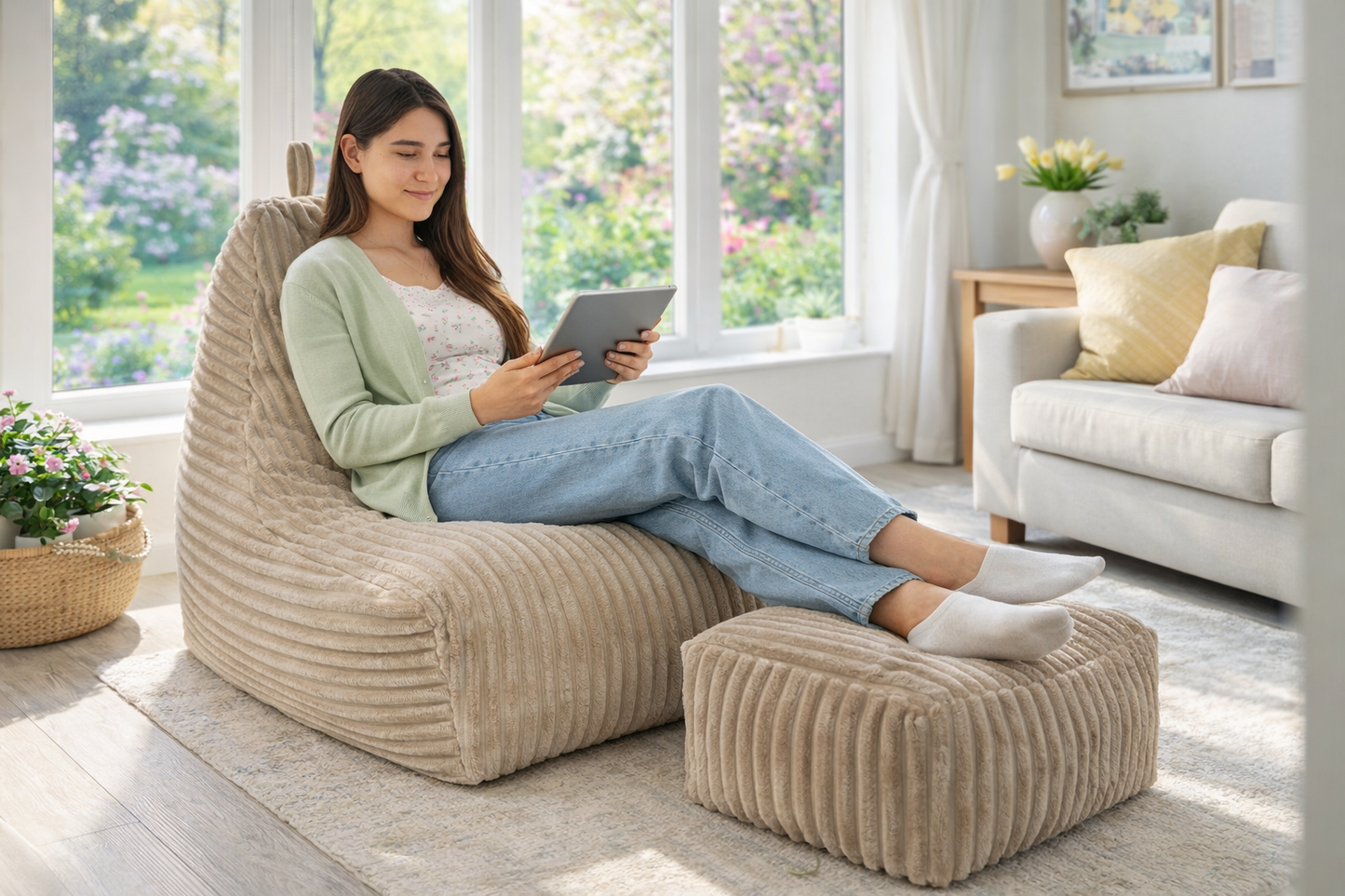 PatchHome Deluxe Cord Sitzsack Lounge Sessel mit Hocker